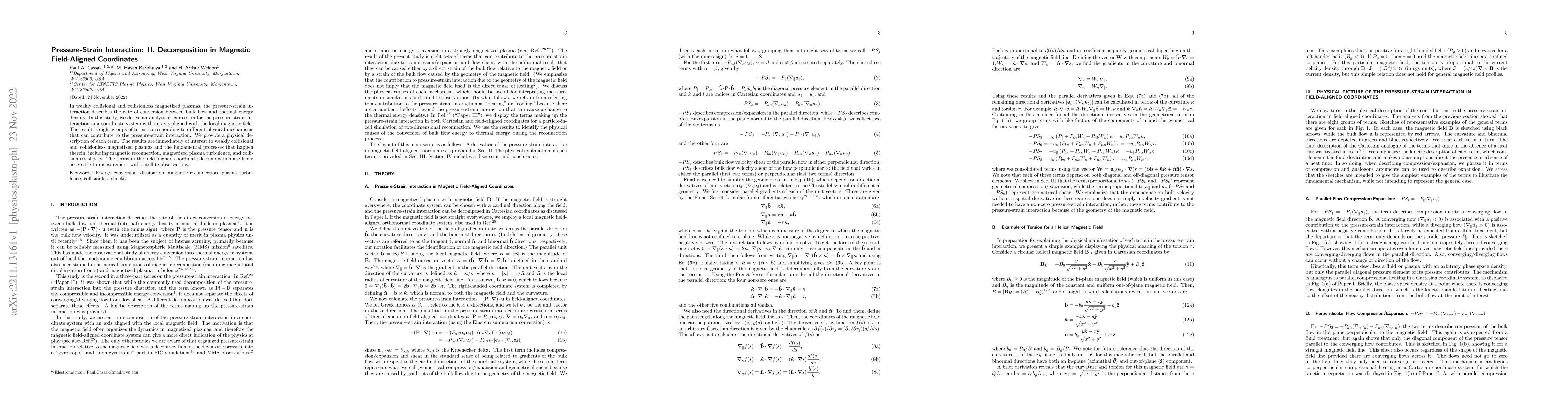 Thumbnail for Pressure-Strain Interaction: II. Decomposition in Magnetic Field-Aligned
  Coordinates