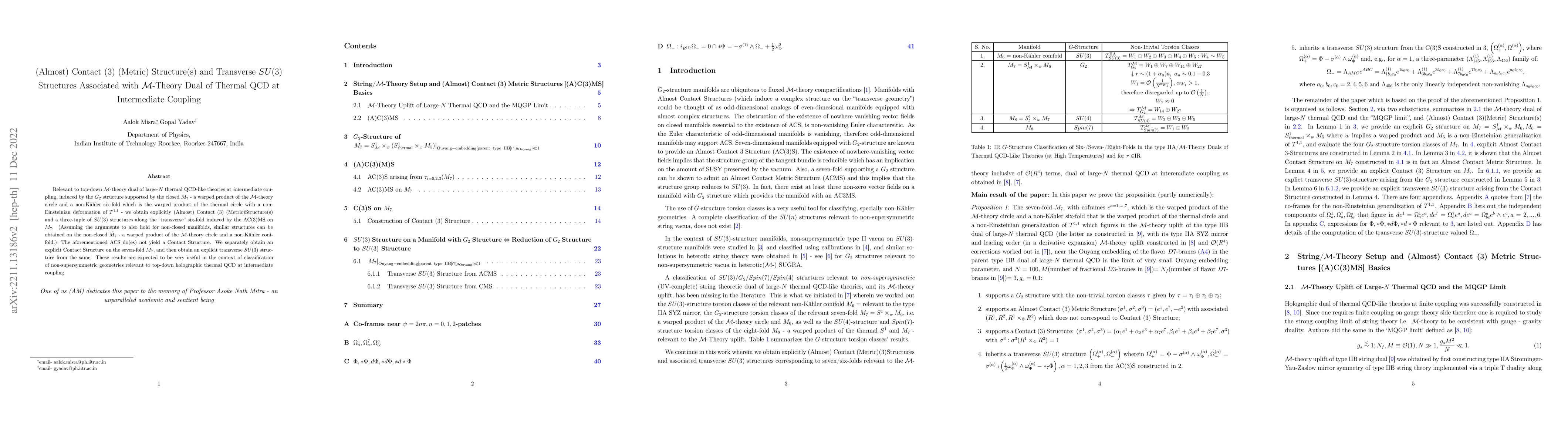 Thumbnail for (Almost) Contact (3) (Metric) Structure(s) and Transverse $SU(3)$
  Structures Associated with ${\cal M}$-Theory Dual of Thermal QCD at
  Intermediate Coupling