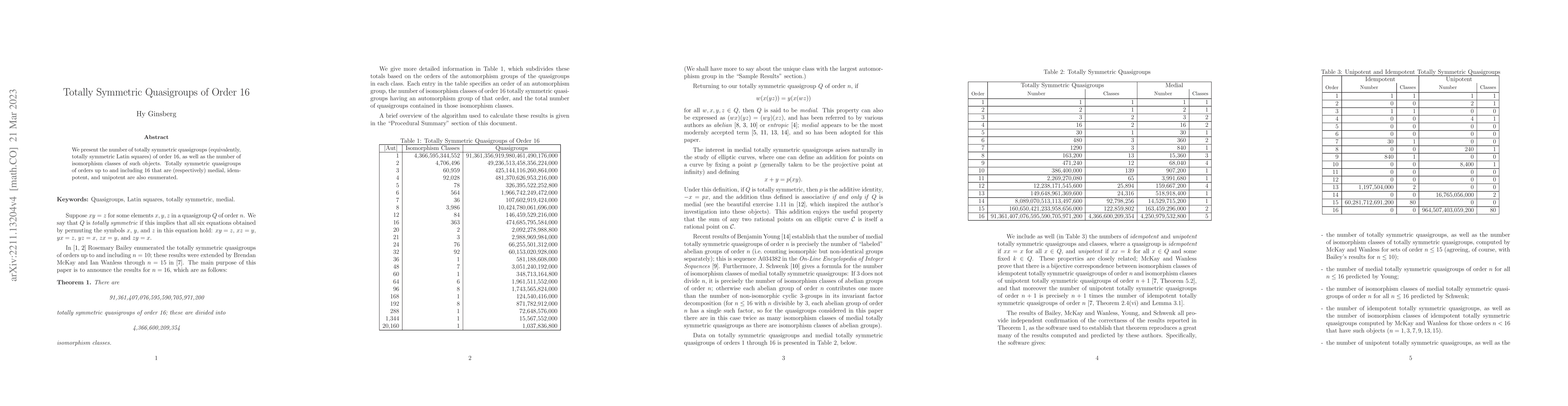 Thumbnail for Totally Symmetric Quasigroups of Order 16