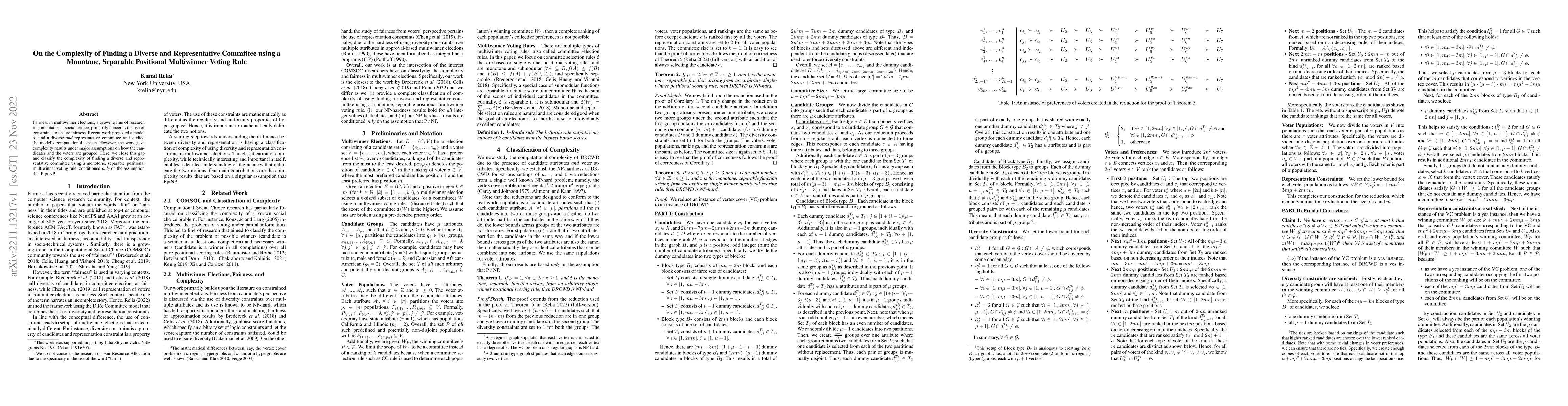 Thumbnail for On the Complexity of Finding a Diverse and Representative Committee
  using a Monotone, Separable Positional Multiwinner Voting Rule
