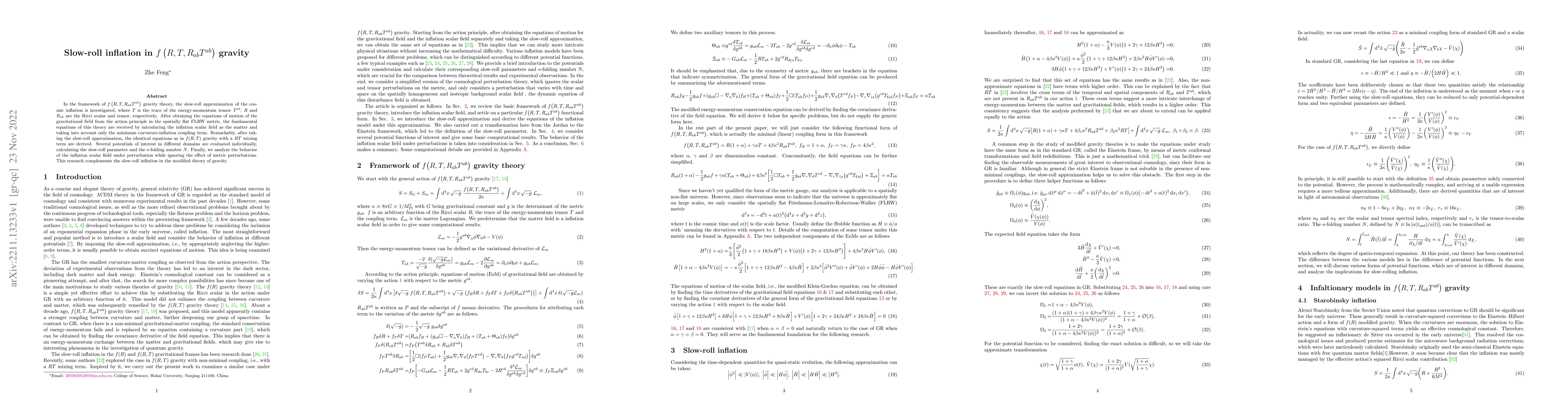 Thumbnail for Slow-roll inflation in $f\left(R, T, R_{ab}T^{ab}\right)$ gravity