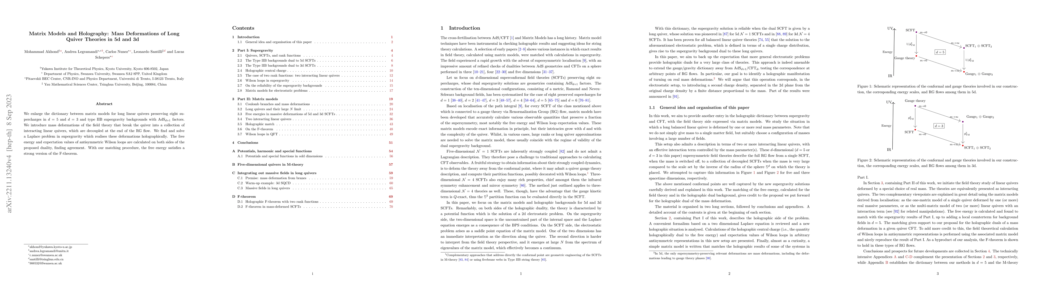 Thumbnail for Matrix Models and Holography: Mass Deformations of Long Quiver Theories
  in 5d and 3d