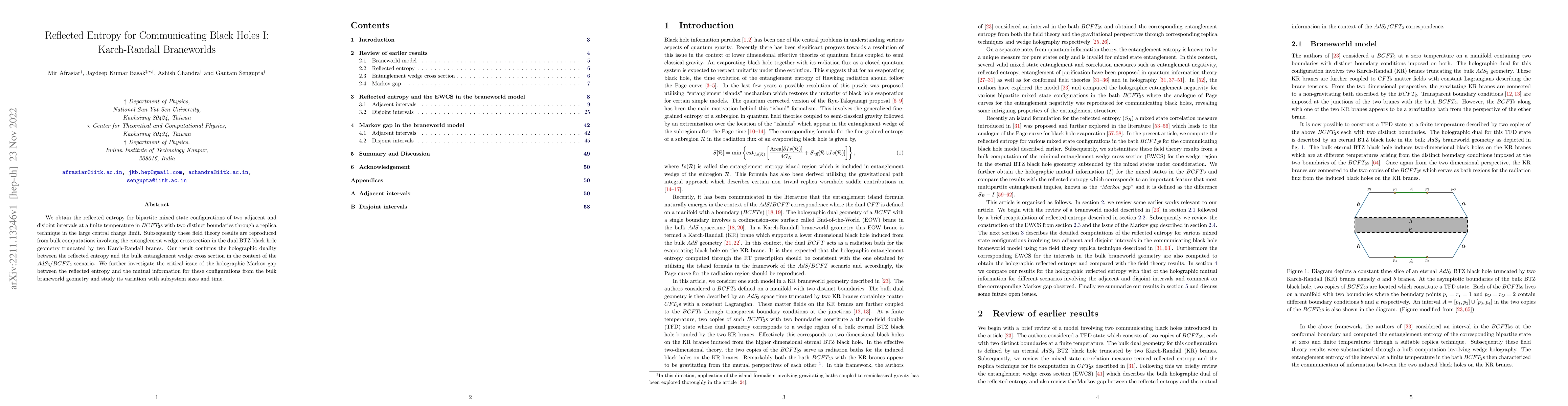 Thumbnail for Reflected Entropy for Communicating Black Holes I: Karch-Randall
  Braneworlds