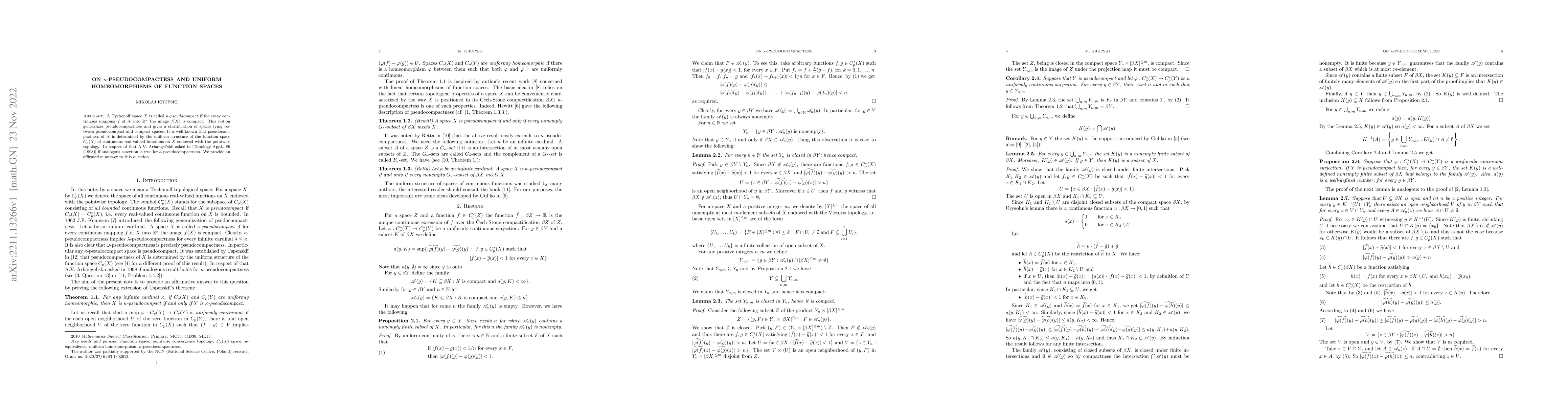 Thumbnail for On $\kappa$-pseudocompactess and uniform homeomorphisms of function
  spaces