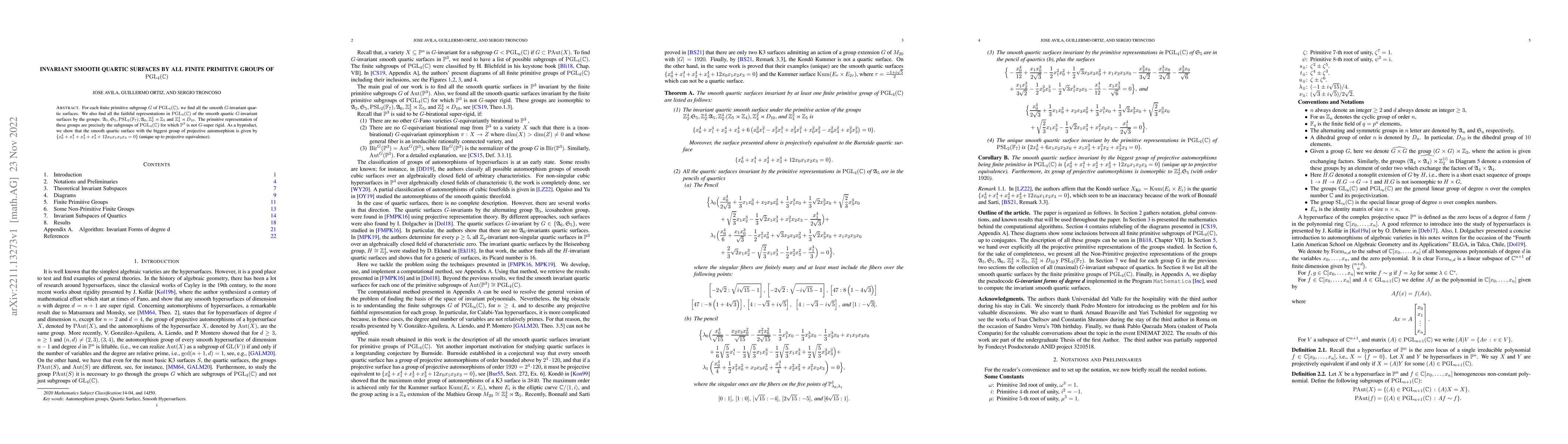 Thumbnail for Invariant Smooth Quartic Surfaces by all Finite Primitive Groups of
  $\operatorname{PGL}_4(\mathbb{C})$
