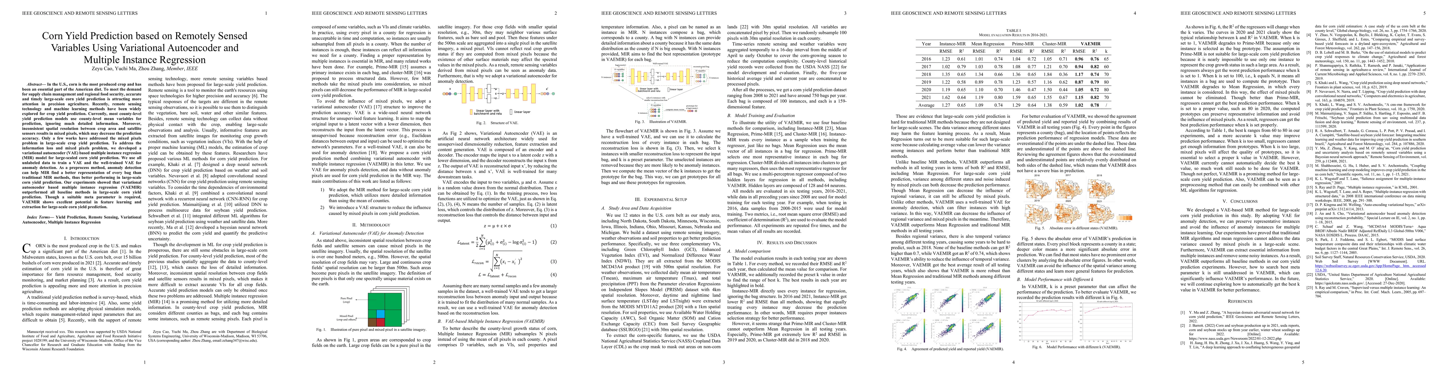 Thumbnail for Corn Yield Prediction based on Remotely Sensed Variables Using
  Variational Autoencoder and Multiple Instance Regression