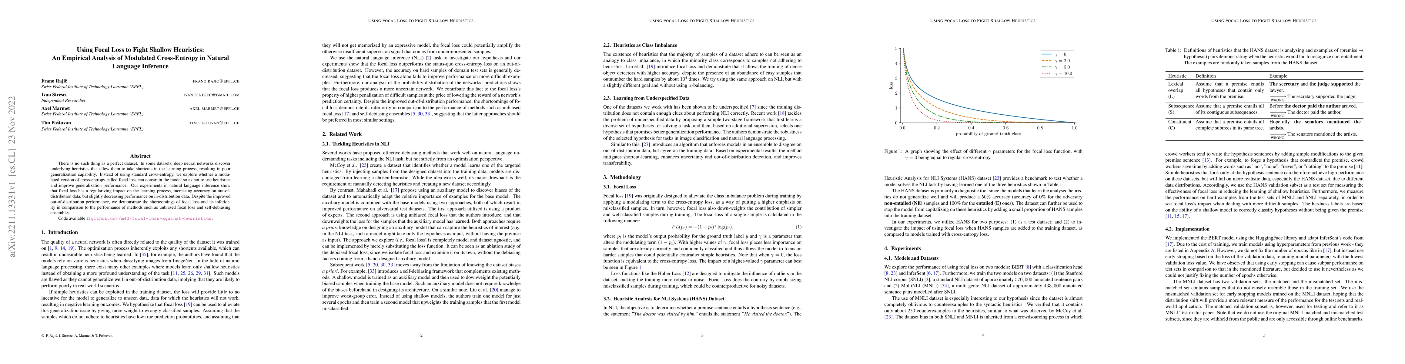 Thumbnail for Using Focal Loss to Fight Shallow Heuristics: An Empirical Analysis of
  Modulated Cross-Entropy in Natural Language Inference