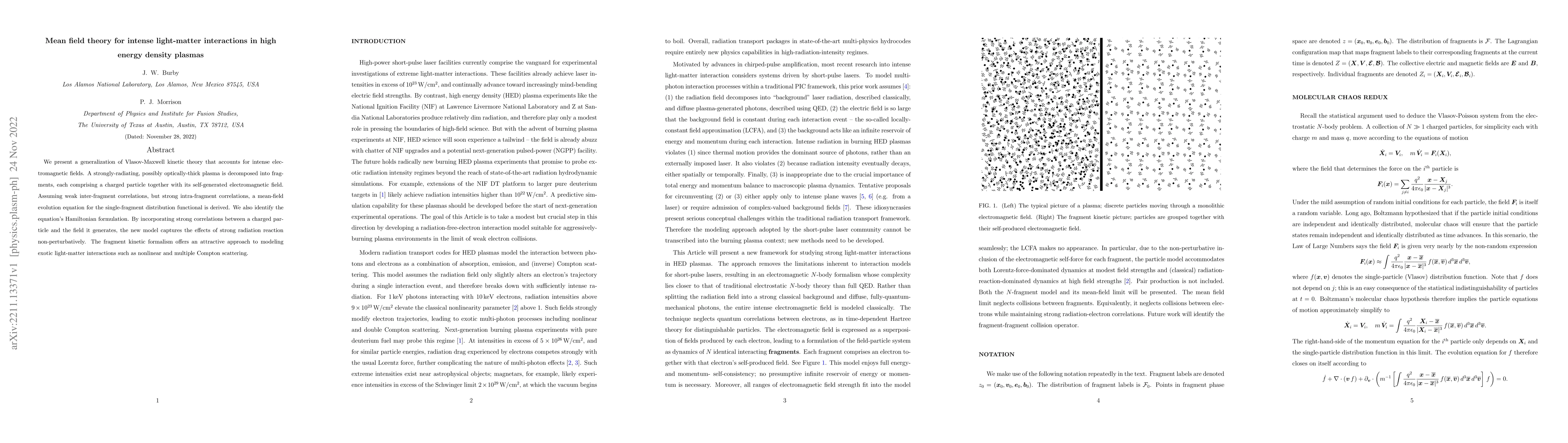 Thumbnail for Mean field theory for intense light-matter interactions in high energy
  density plasmas