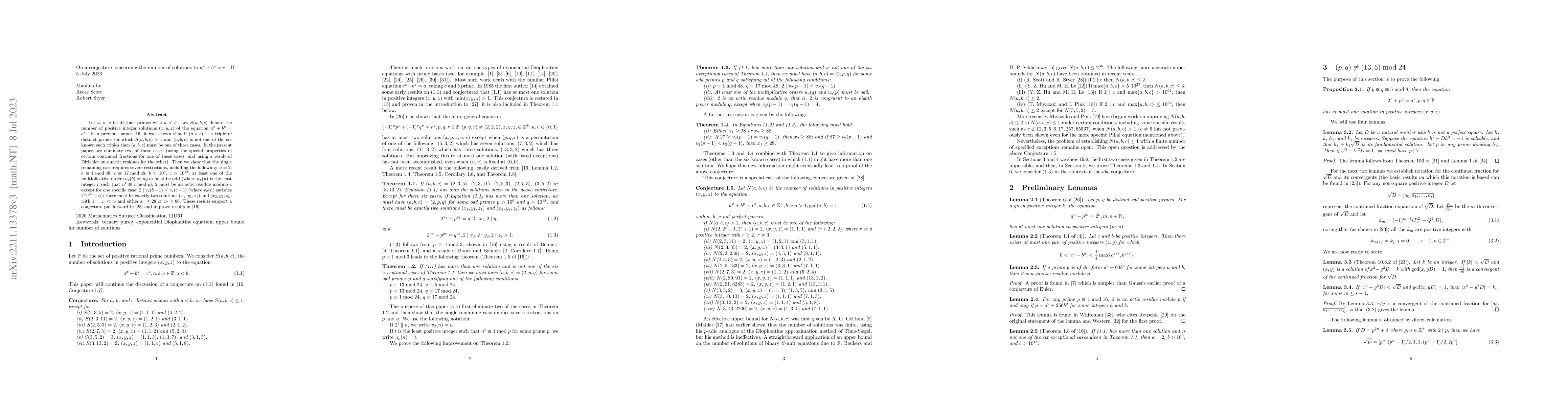 Thumbnail for On a conjecture concerning the number of solutions to $a^x+b^y=c^z$, II