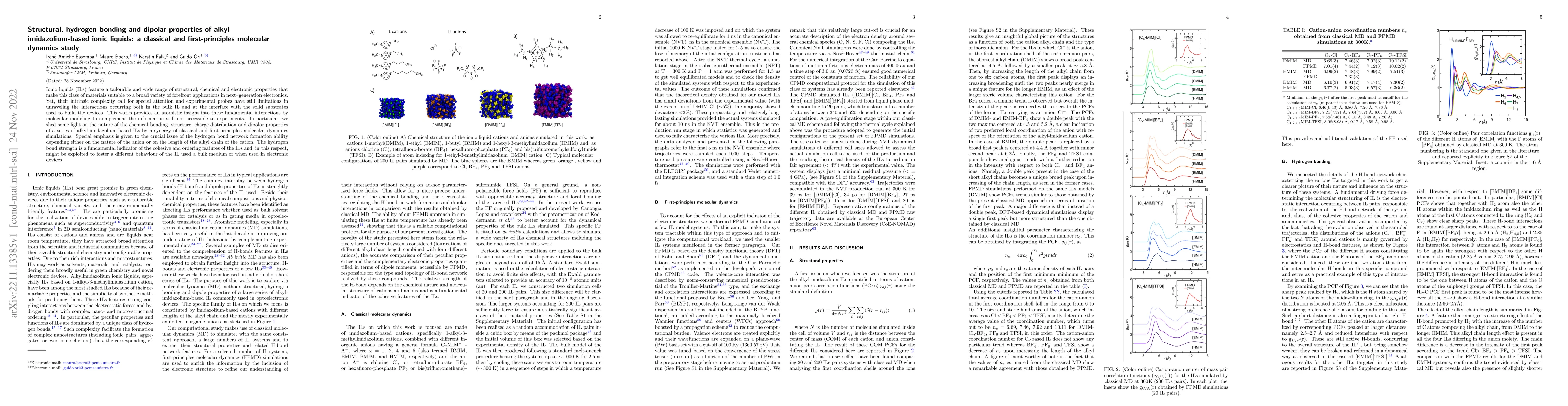 Thumbnail for Structural, hydrogen bonding and dipolar properties of alkyl
  imidazolium-based ionic liquids: a classical and first-principles molecular
  dynamics study