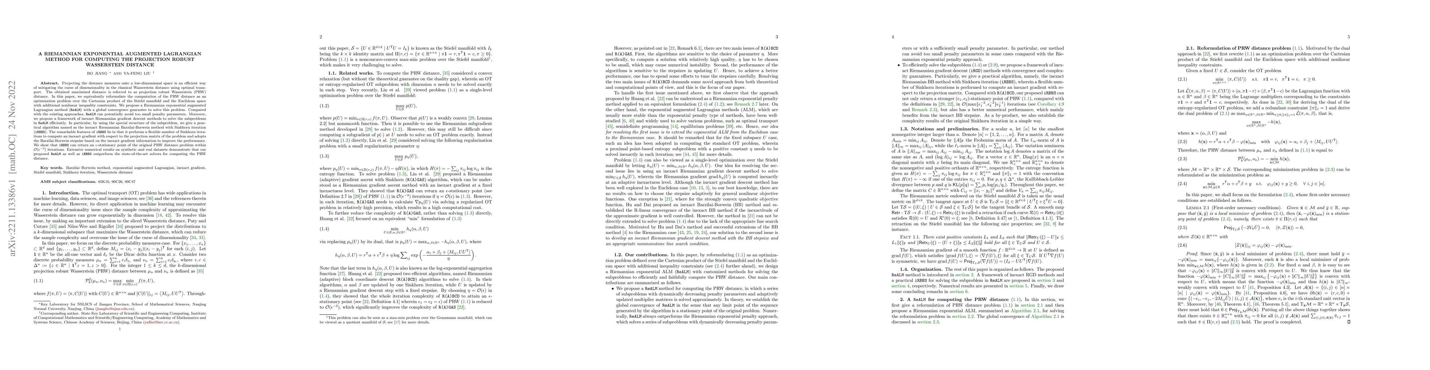 Thumbnail for A Riemannian exponential augmented Lagrangian method for computing the
  projection robust Wasserstein distance