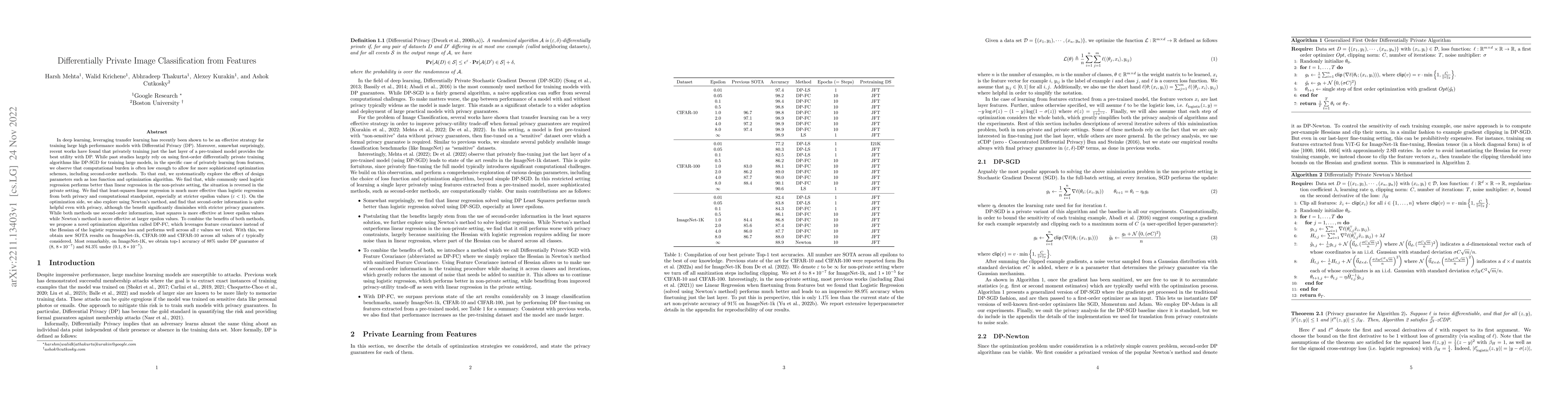 Thumbnail for Differentially Private Image Classification from Features