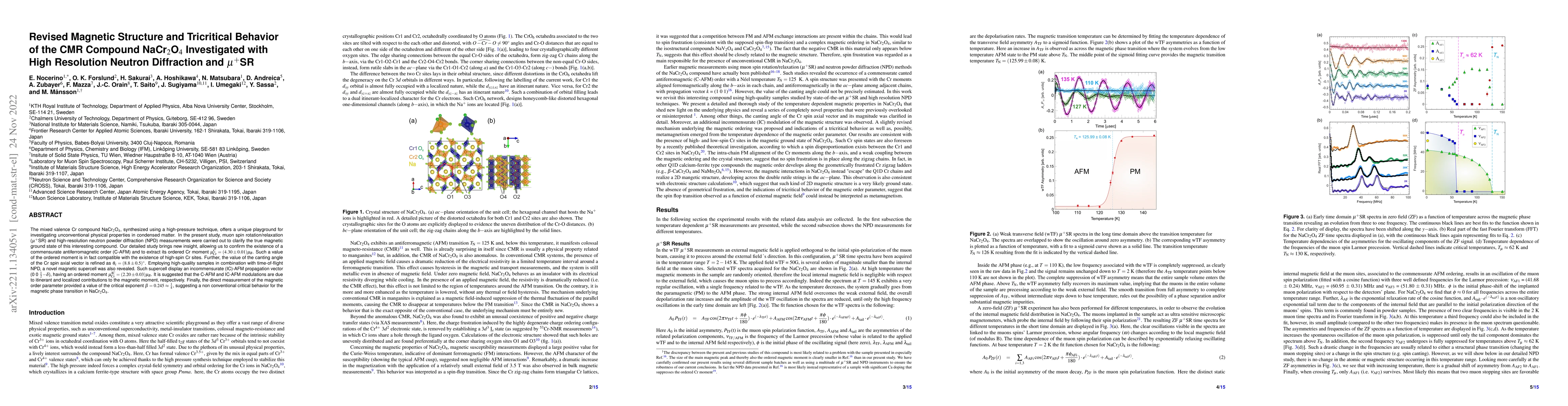 Thumbnail for Revised Magnetic Structure and Tricritical Behavior of the CMR Compound
  NaCr$_2$O$_4$ Investigated with High Resolution Neutron Diffraction and
  $\mu^+$SR