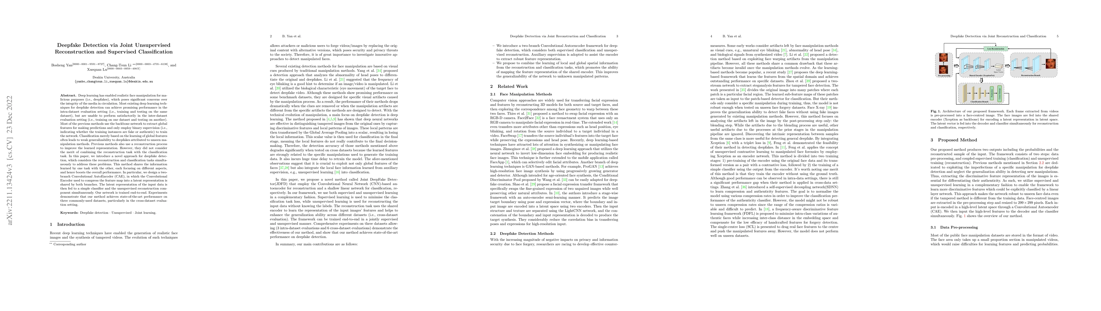 Thumbnail for Deepfake Detection via Joint Unsupervised Reconstruction and Supervised
  Classification