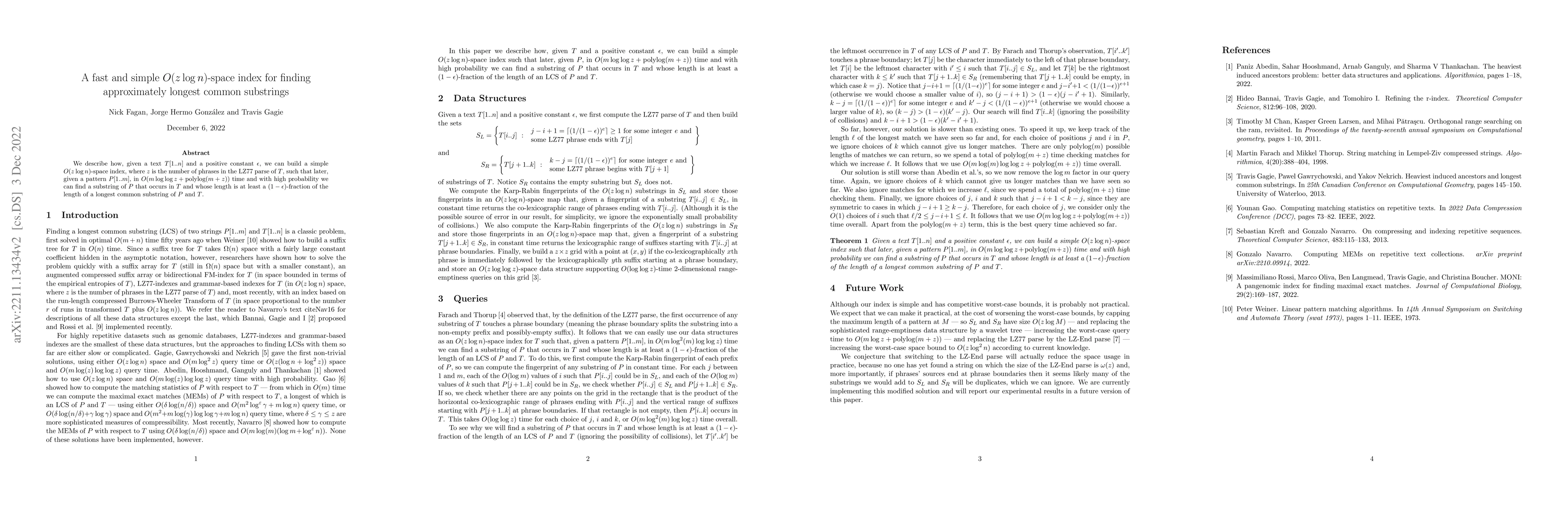 Thumbnail for A fast and simple $O (z \log n)$-space index for finding approximately
  longest common substrings