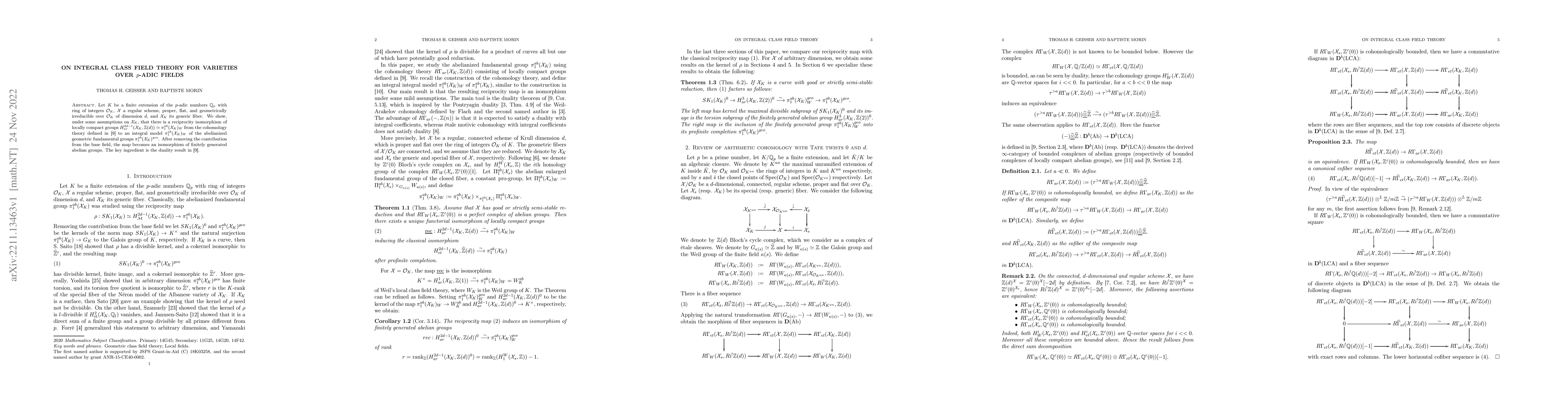 Thumbnail for On Integral Class field theory for varieties over $p$-adic fields