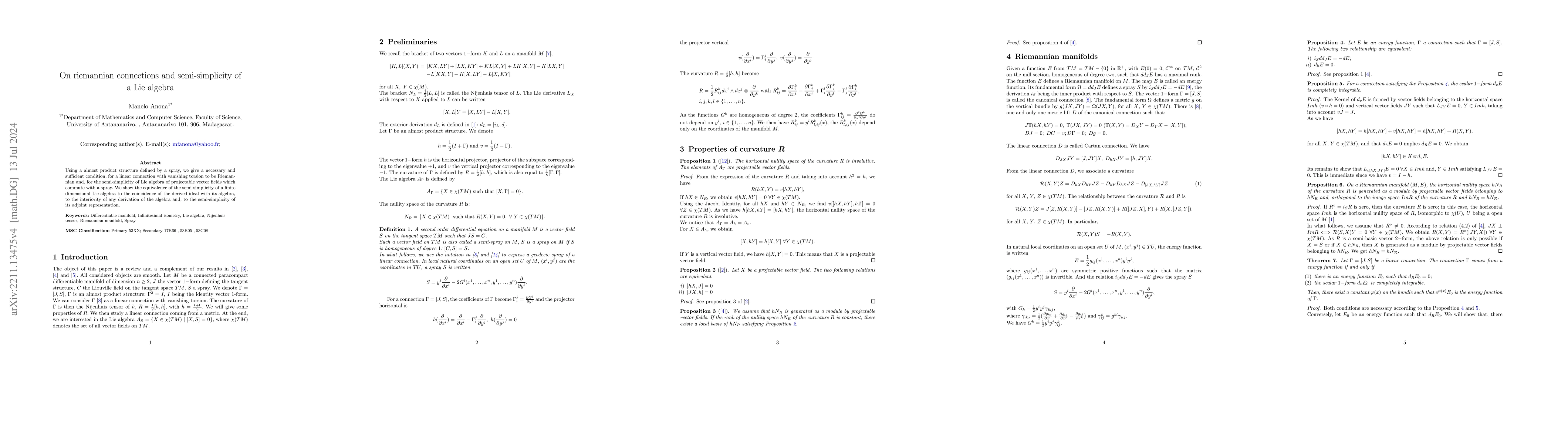 Thumbnail for On riemannian connections and semi-simplicity of a Lie algebra