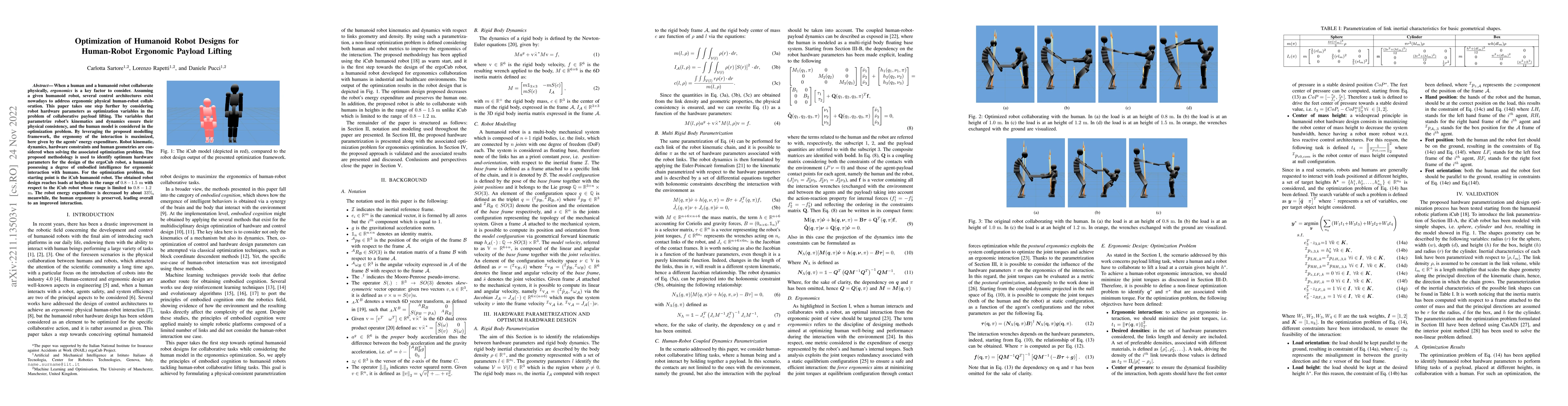 Thumbnail for Optimization of Humanoid Robot Designs for Human-Robot Ergonomic Payload
  Lifting