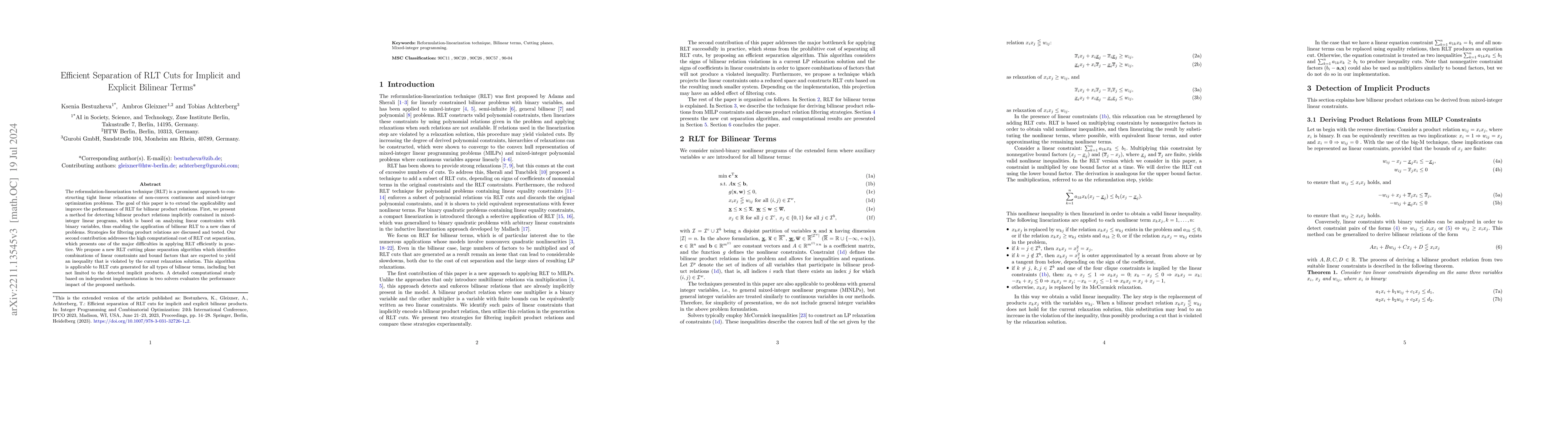 Thumbnail for Efficient Separation of RLT Cuts for Implicit and Explicit Bilinear
  Terms