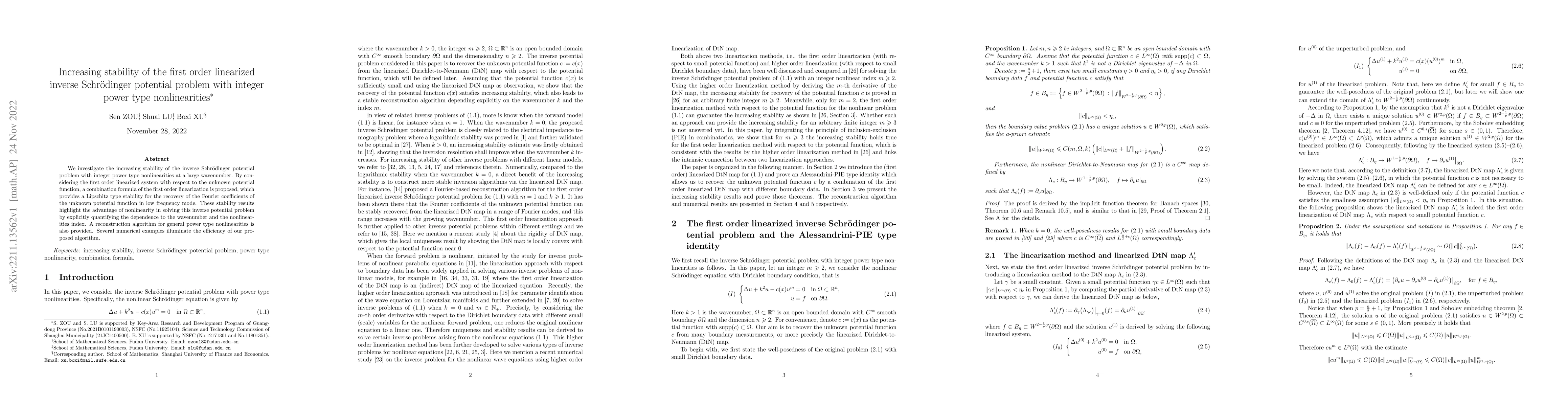 Thumbnail for Increasing stability of the first order linearized inverse
  Schr\"{o}dinger potential problem with integer power type nonlinearities