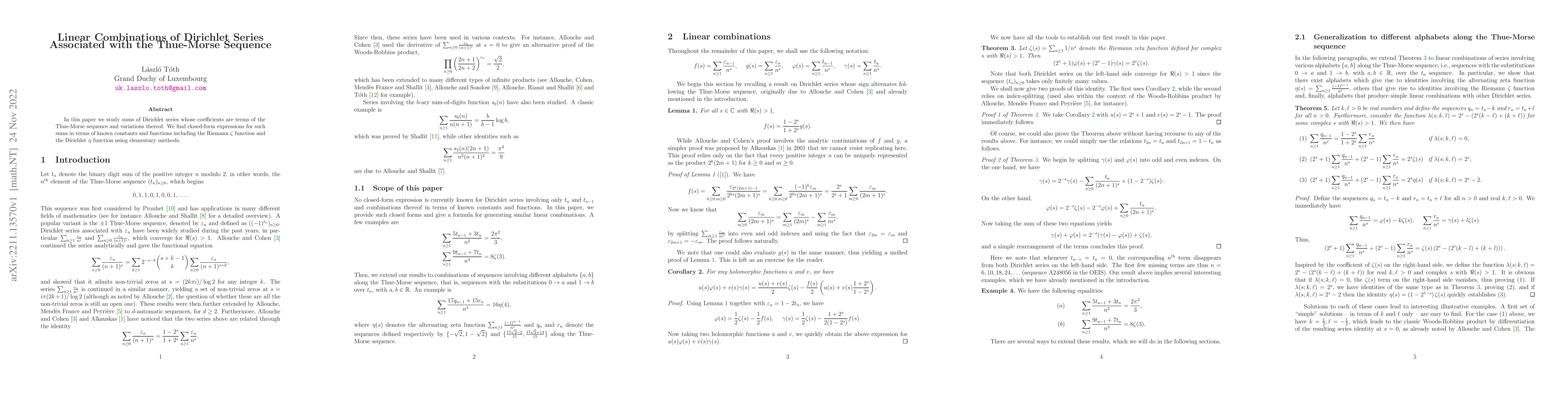 Thumbnail for Linear Combinations of Dirichlet Series Associated with the Thue-Morse
  Sequence