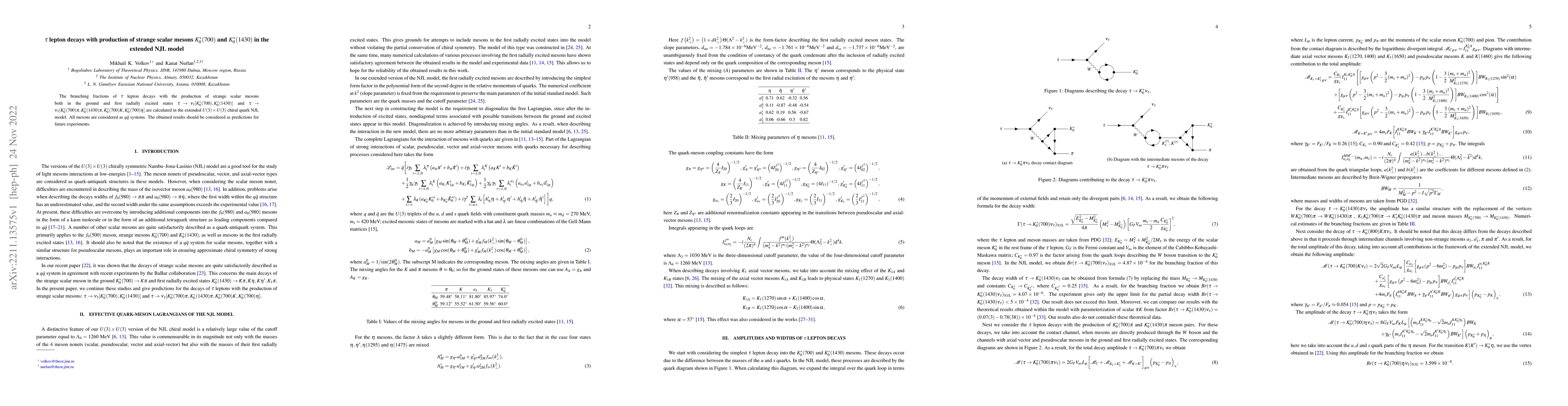 Thumbnail for $\tau$ lepton decays with production of strange scalar mesons
  $K^*_0(700)$ and $K^*_0(1430)$ in the extended NJL model
