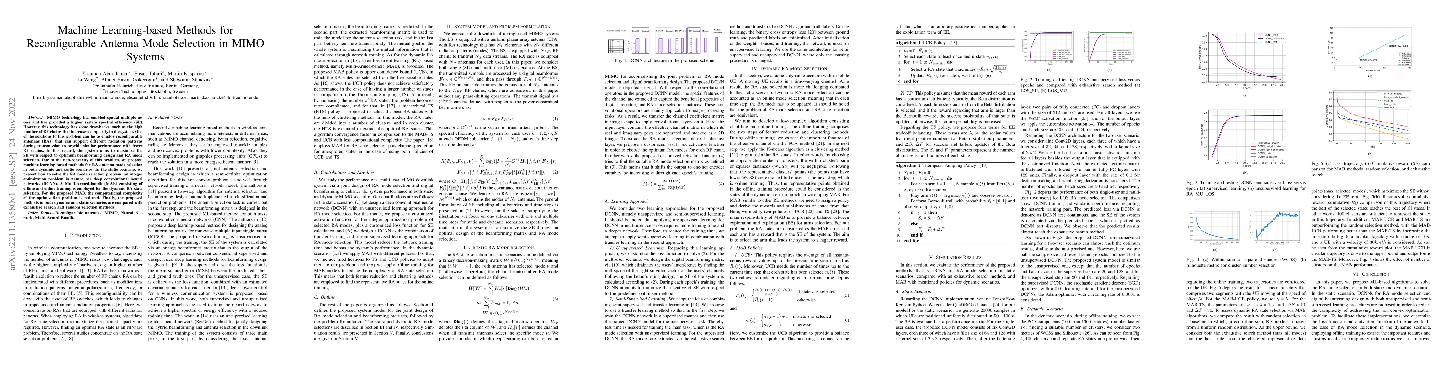 Thumbnail for Machine Learning-based Methods for Reconfigurable Antenna Mode Selection
  in MIMO Systems