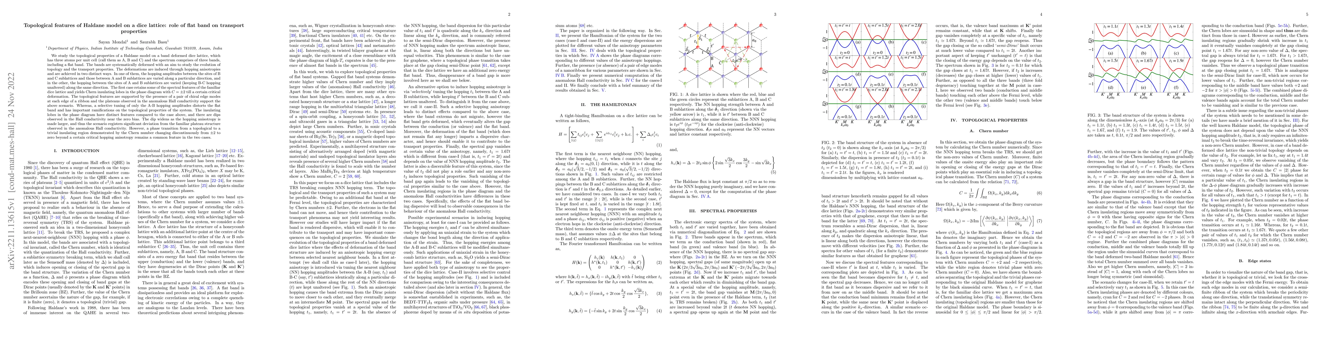 Thumbnail for Topological features of Haldane model on a dice lattice: role of flat
  band on transport properties
