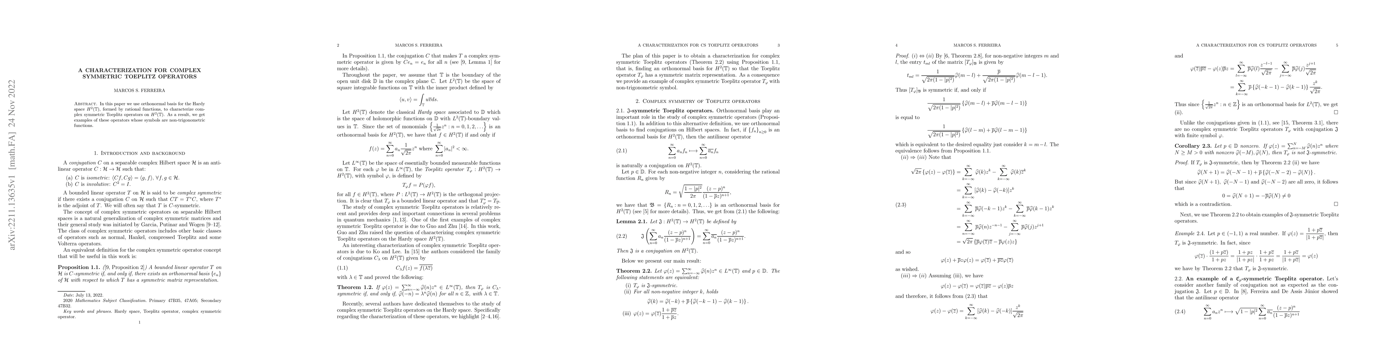 Thumbnail for A characterization for complex symmetric Toeplitz operators