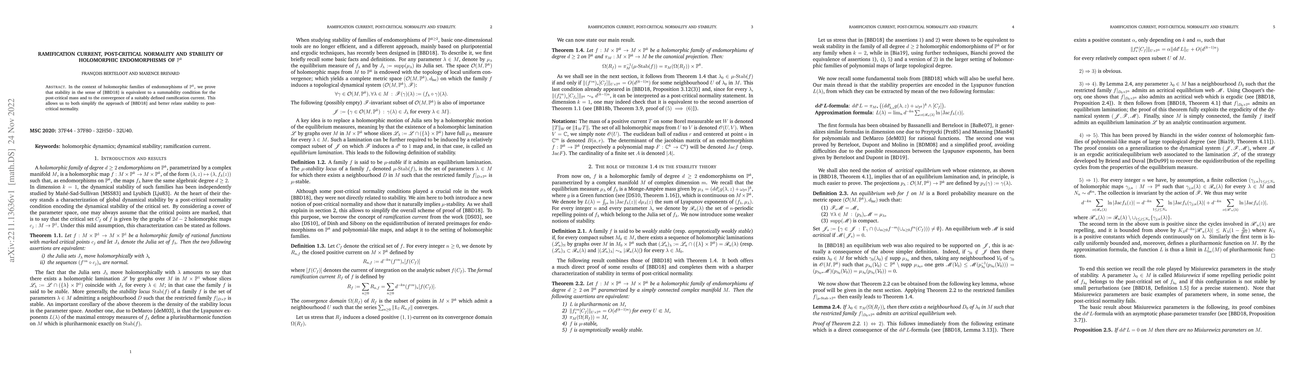 Thumbnail for Ramification current, post-critical normality and stability of
  holomorphic endomorphisms of $\mathbb P^k$