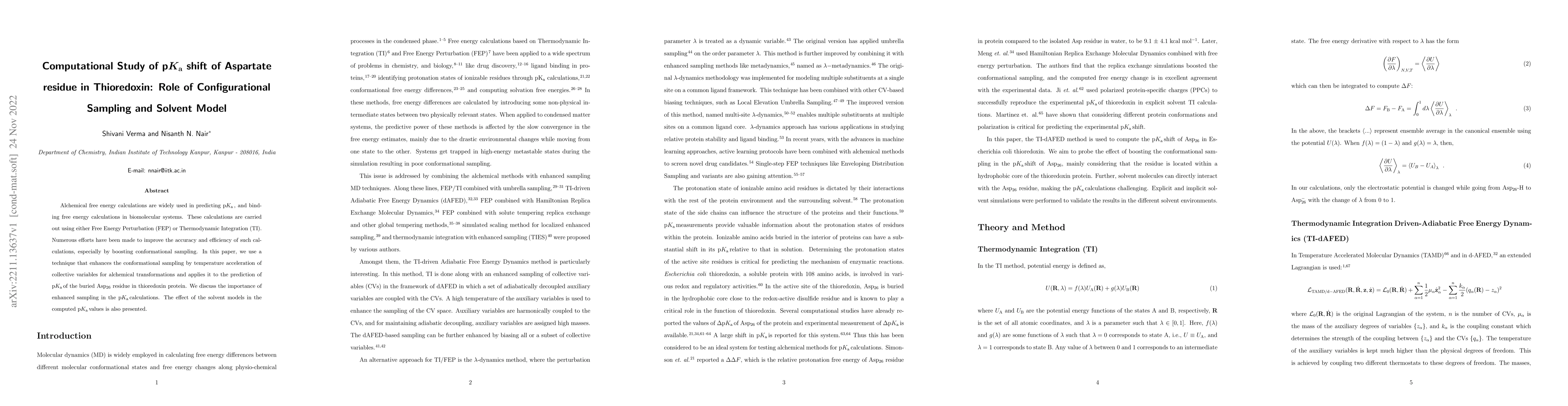 Thumbnail for Computational Study of pKa shift of Aspartate residue in Thioredoxin:
  Role of Configurational Sampling and Solvent Model