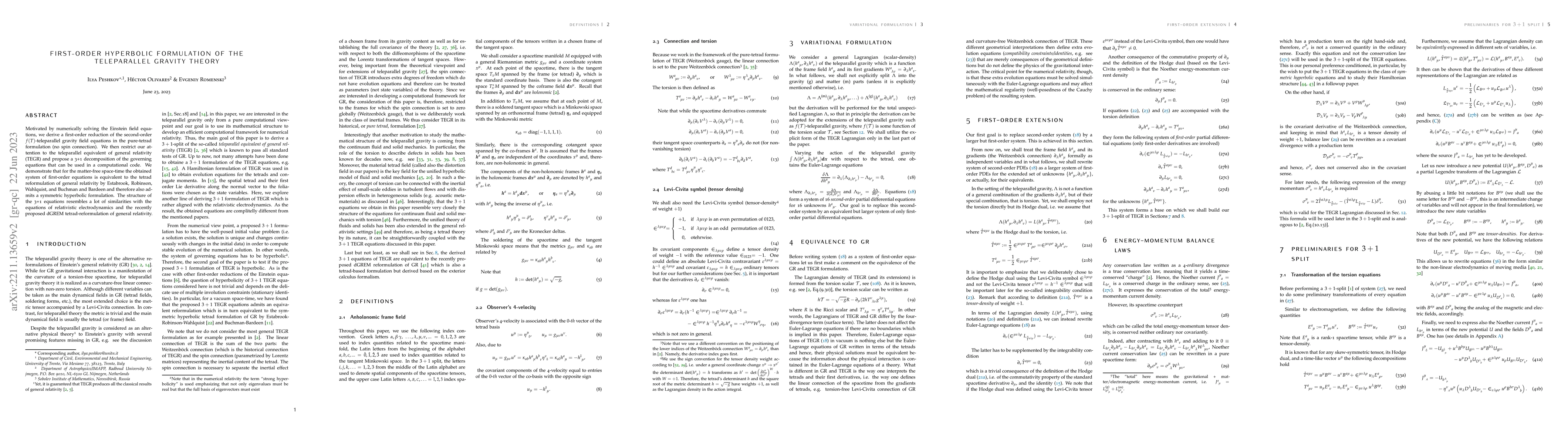 Thumbnail for First-order hyperbolic formulation of the pure tetrad teleparallel
  gravity theory