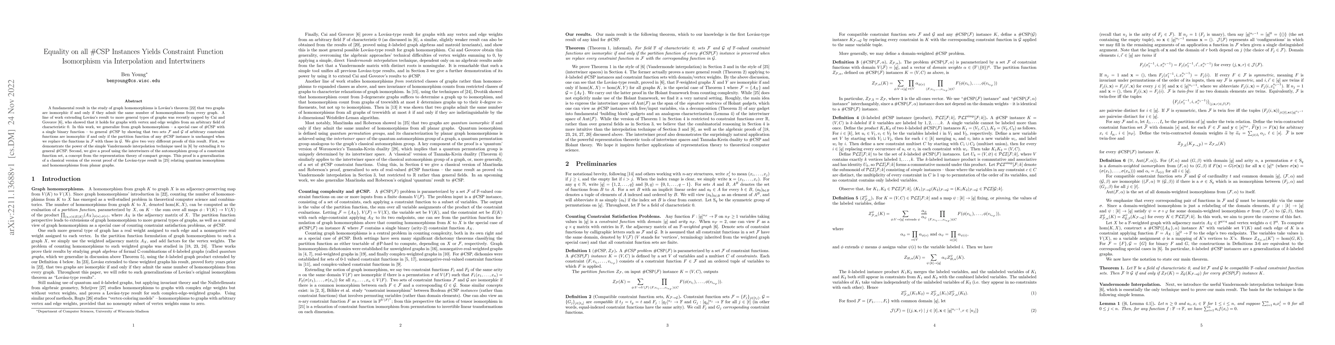 Thumbnail for Equality on all #CSP Instances Yields Constraint Function Isomorphism
  via Interpolation and Intertwiners