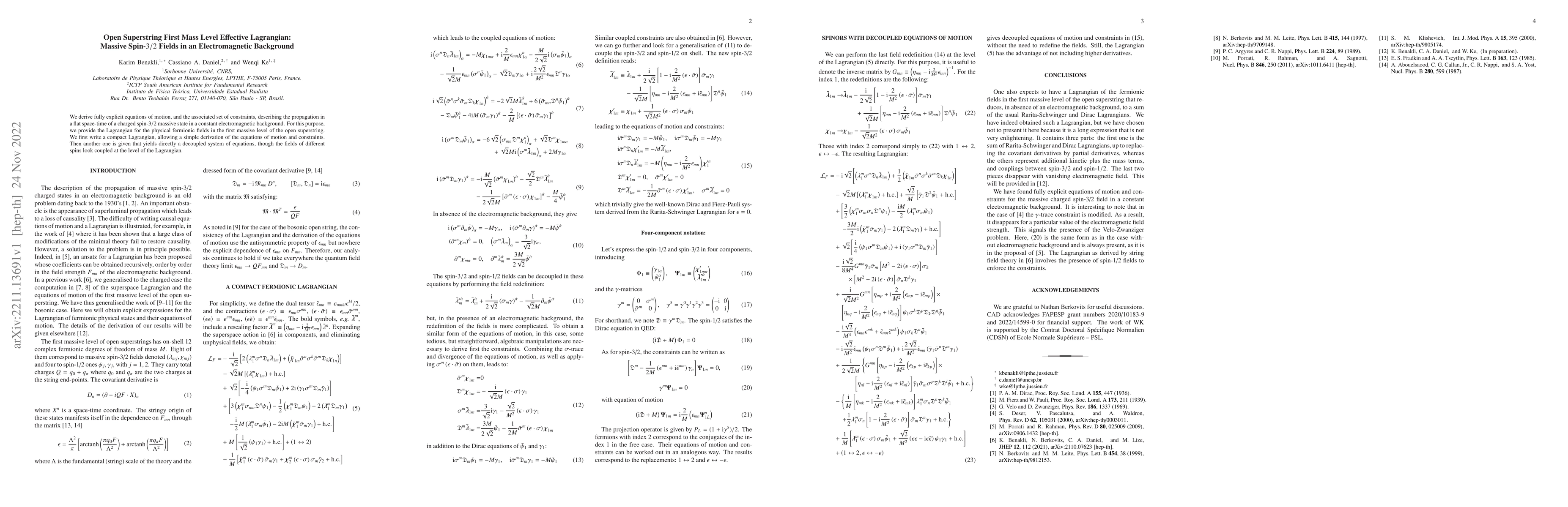 Thumbnail for Open Superstring First Mass Level Effective Lagrangian: Massive Spin-3/2
  Fields in an Electromagnetic Background