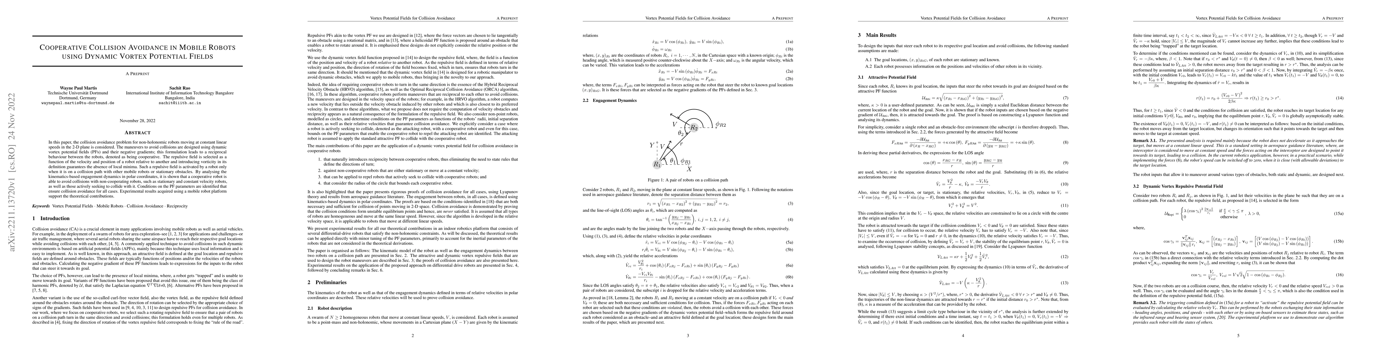 Thumbnail for Cooperative Collision Avoidance in Mobile Robots using Dynamic Vortex
  Potential Fields