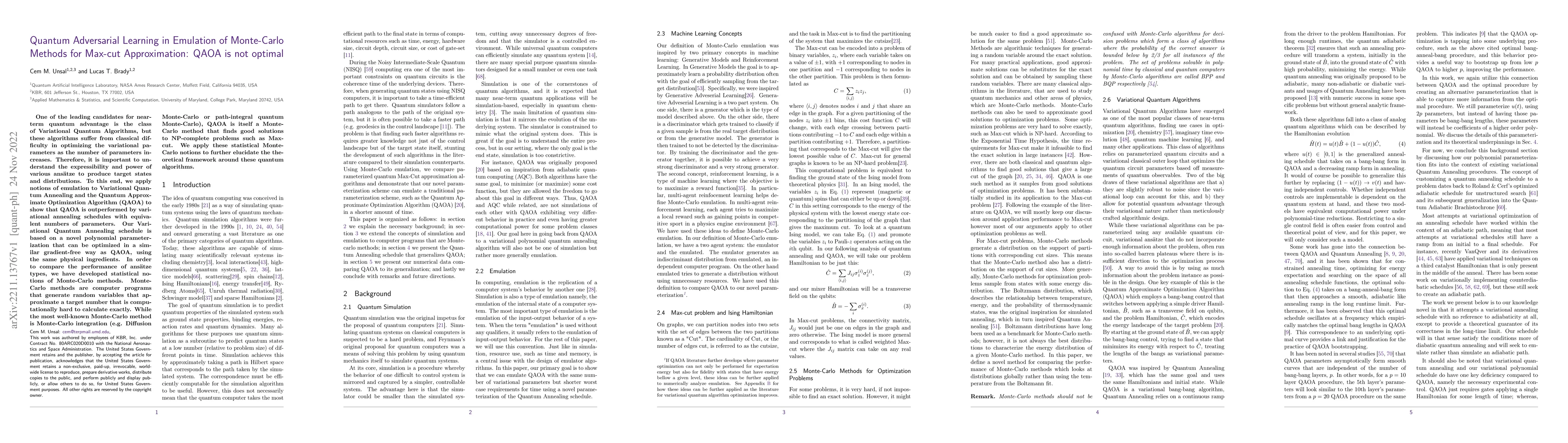Thumbnail for Quantum Adversarial Learning in Emulation of Monte-Carlo Methods for
  Max-cut Approximation: QAOA is not optimal