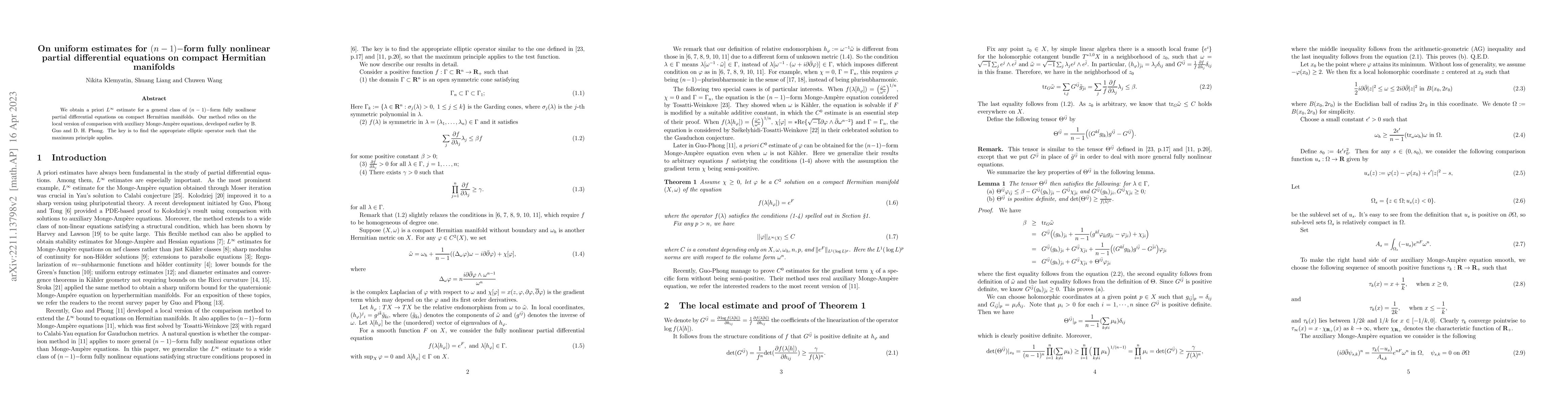 Thumbnail for On uniform estimates for $(n-1)-$form fully nonlinear partial
  differential equations on compact Hermitian manifolds
