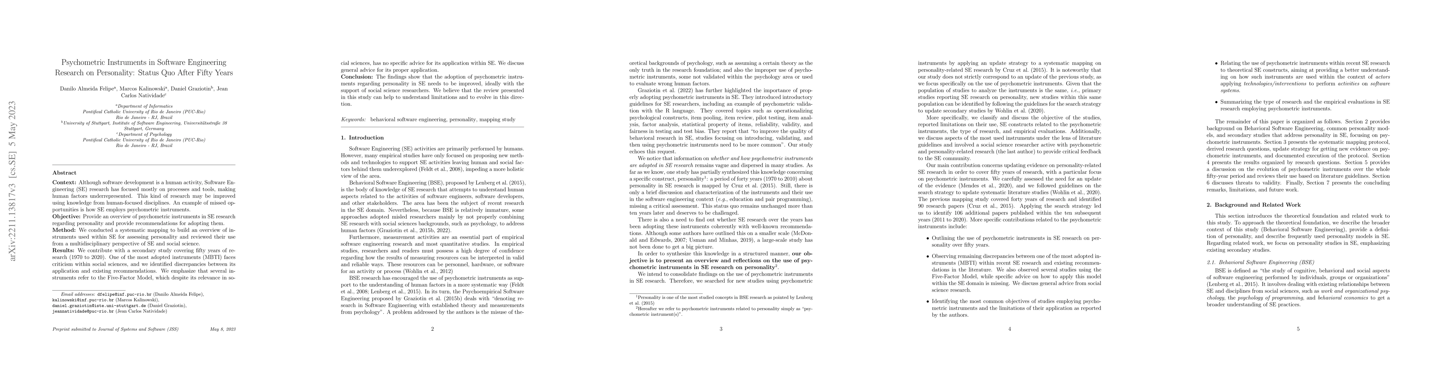 Thumbnail for Psychometric Instruments in Software Engineering Research on
  Personality: Status Quo After Fifty Years