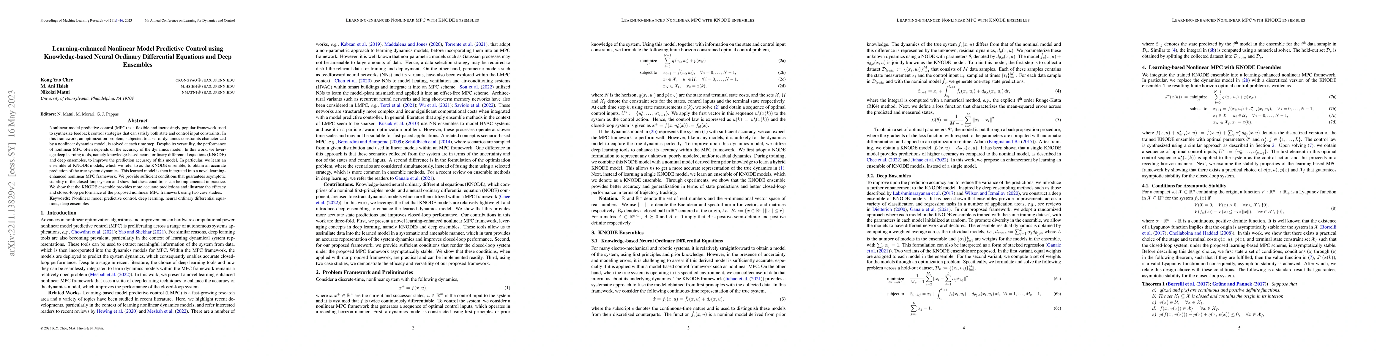 Thumbnail for Learning-enhanced Nonlinear Model Predictive Control using
  Knowledge-based Neural Ordinary Differential Equations and Deep Ensembles