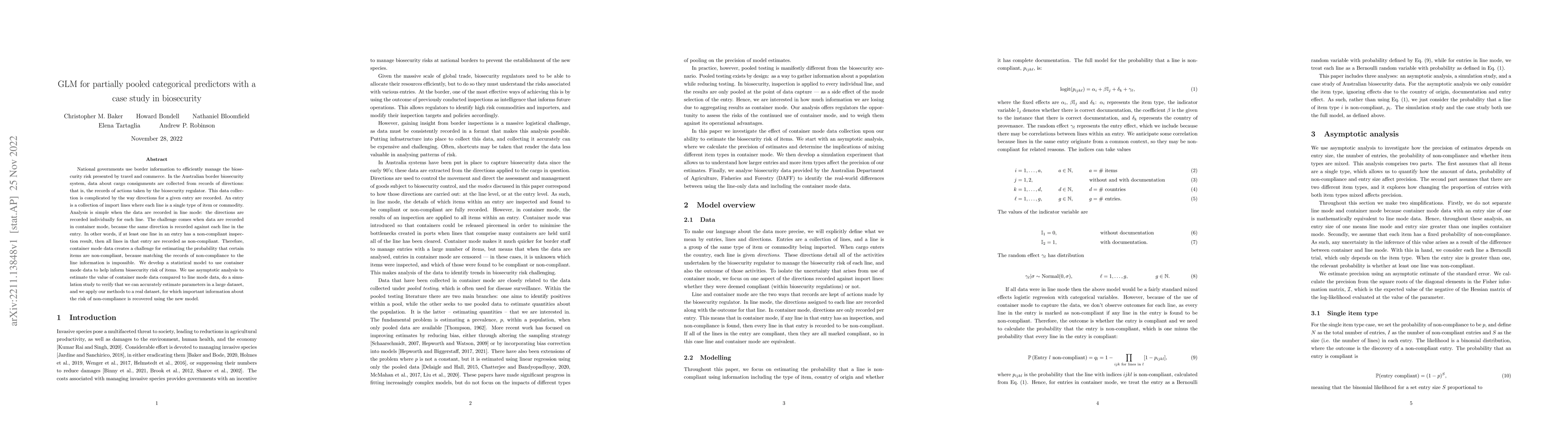Thumbnail for GLM for partially pooled categorical predictors with a case study in
  biosecurity