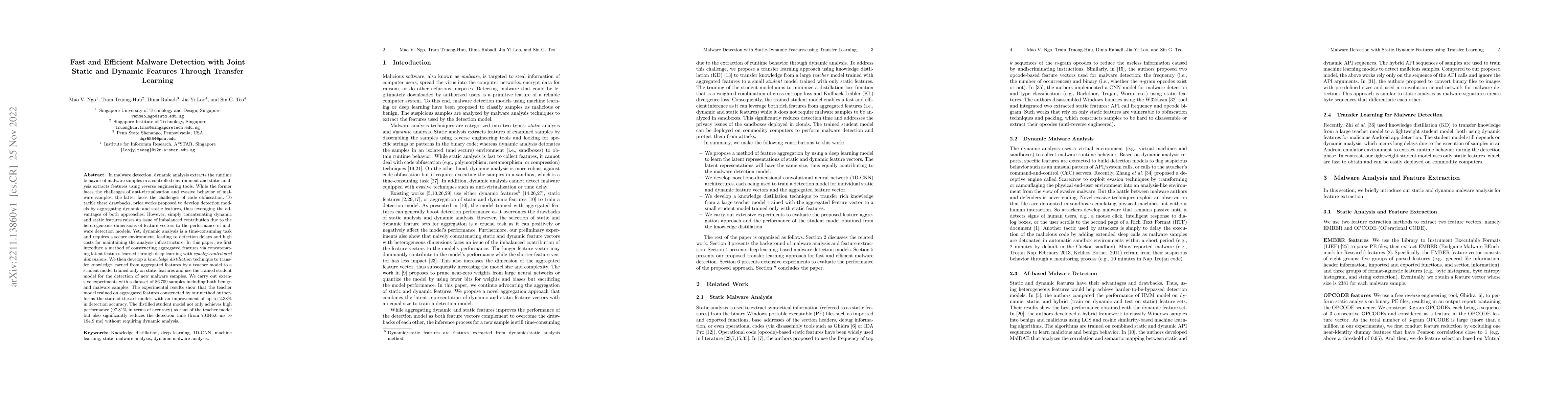 Thumbnail for Fast and Efficient Malware Detection with Joint Static and Dynamic
  Features Through Transfer Learning