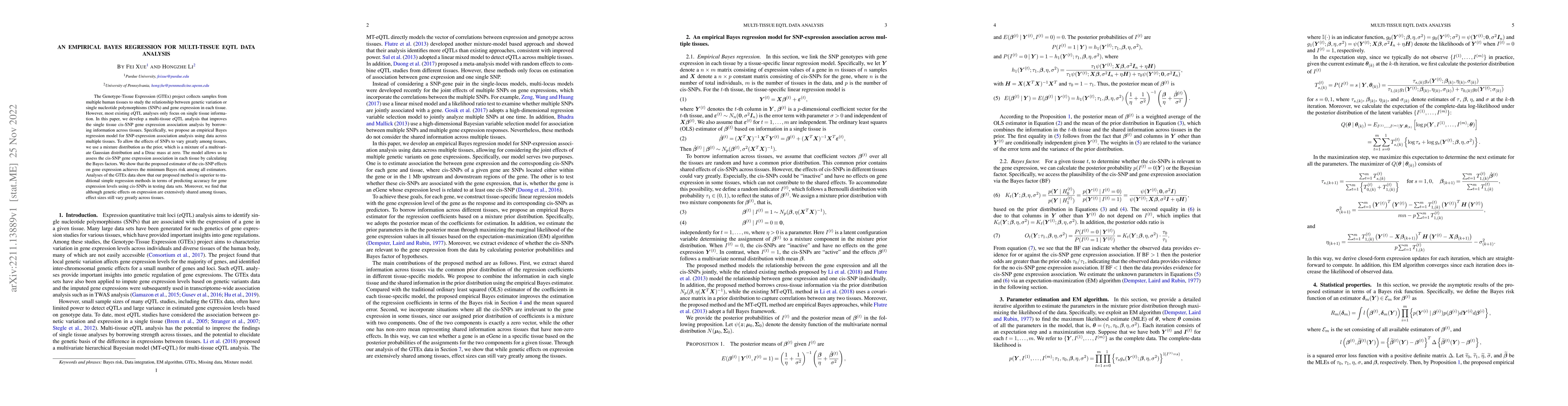 Thumbnail for An Empirical Bayes Regression for Multi-tissue eQTL Data Analysis