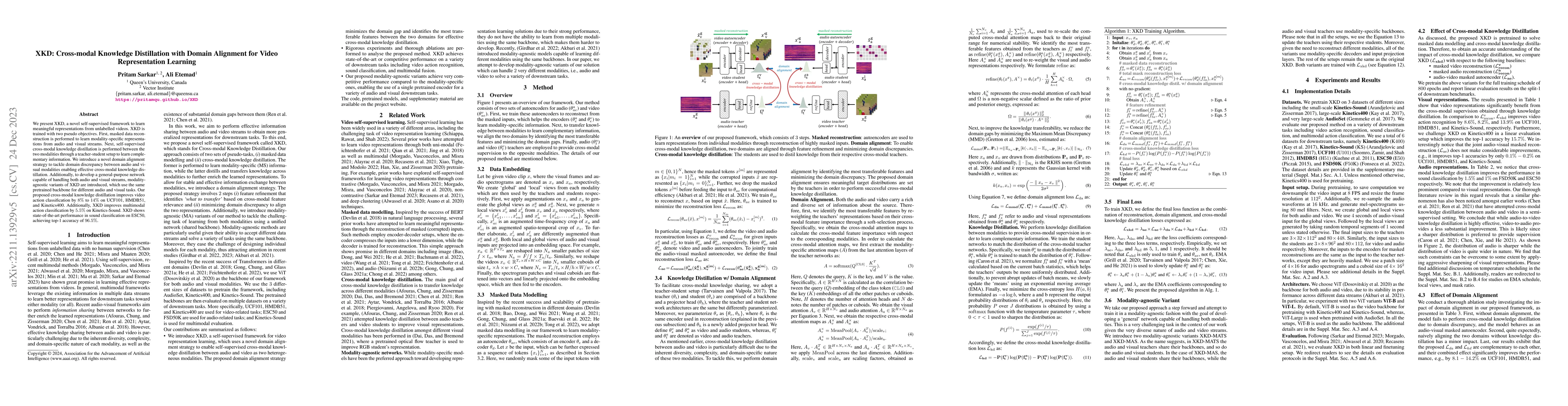 Thumbnail for XKD: Cross-modal Knowledge Distillation with Domain Alignment for Video
  Representation Learning