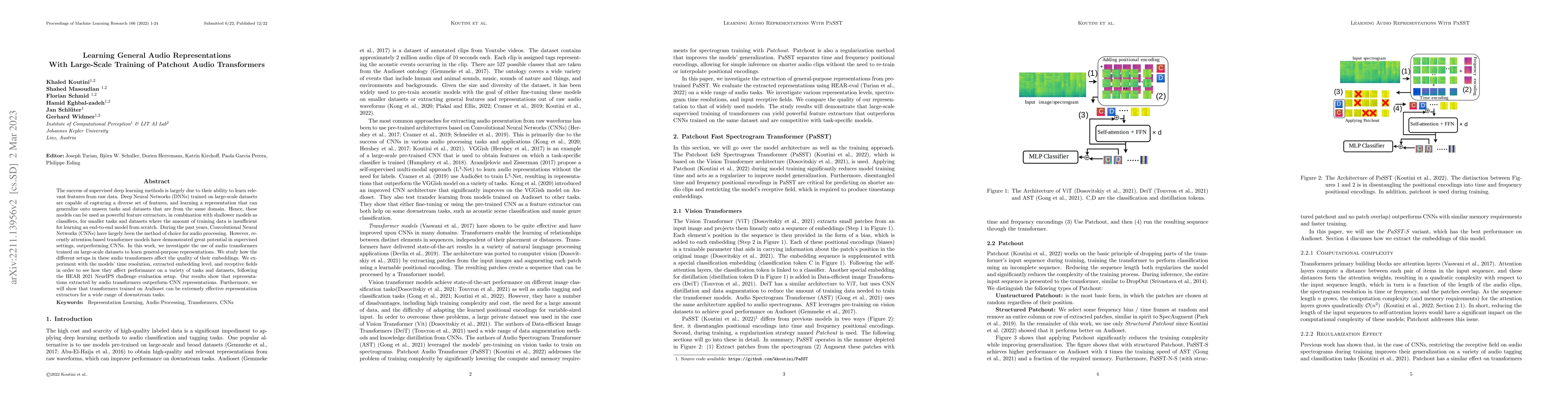 Thumbnail for Learning General Audio Representations with Large-Scale Training of
  Patchout Audio Transformers