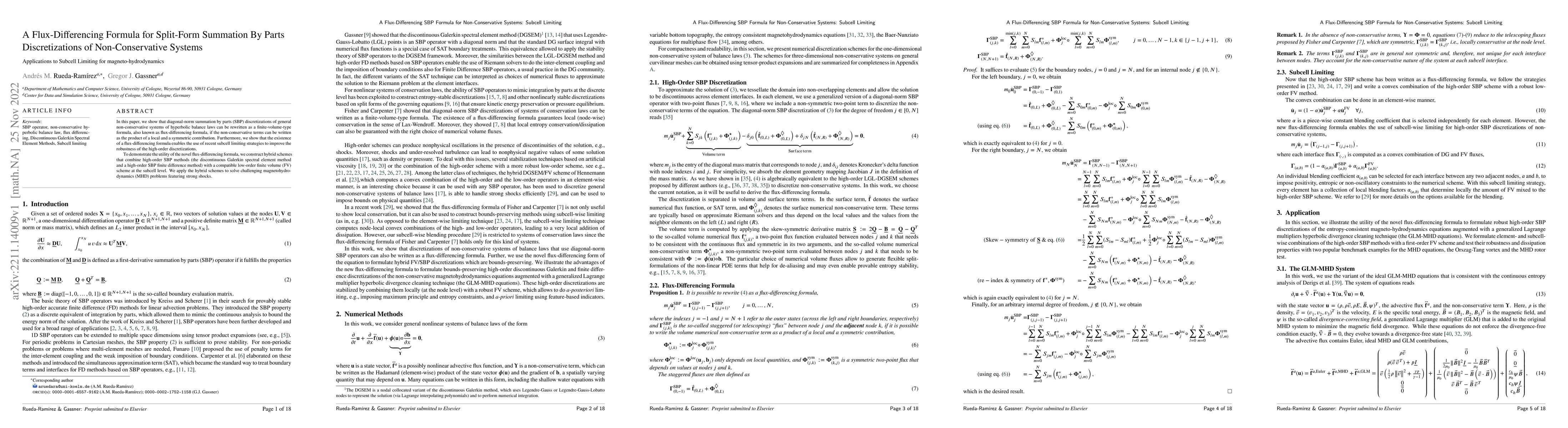 Thumbnail for A Flux-Differencing Formula for Split-Form Summation By Parts
  Discretizations of Non-Conservative Systems: Applications to Subcell Limiting
  for magneto-hydrodynamics
