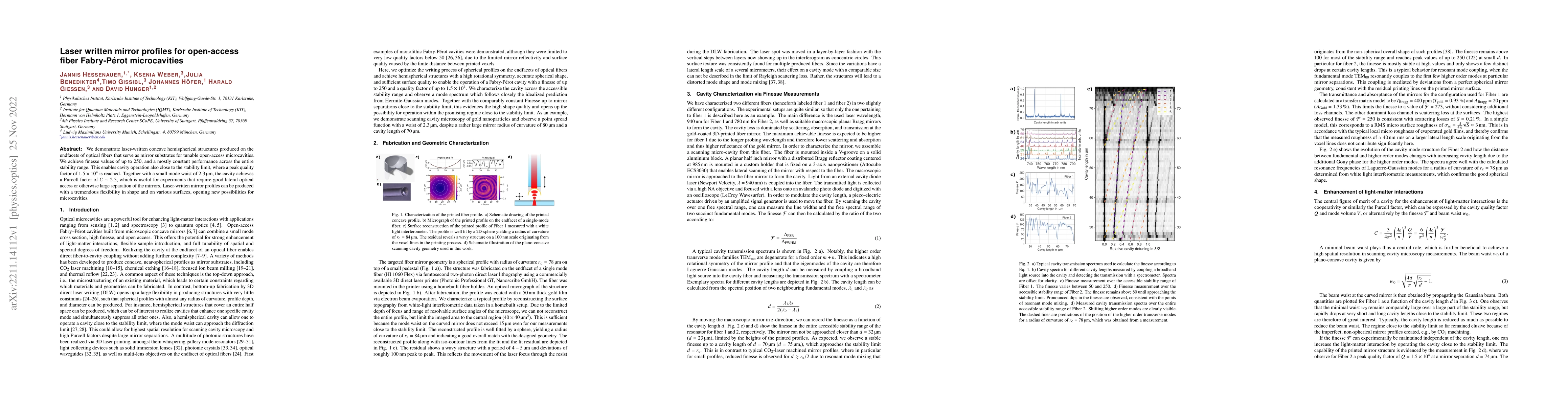Thumbnail for Laser written mirror profiles for open-access fiber Fabry-P\'erot
  microcavities