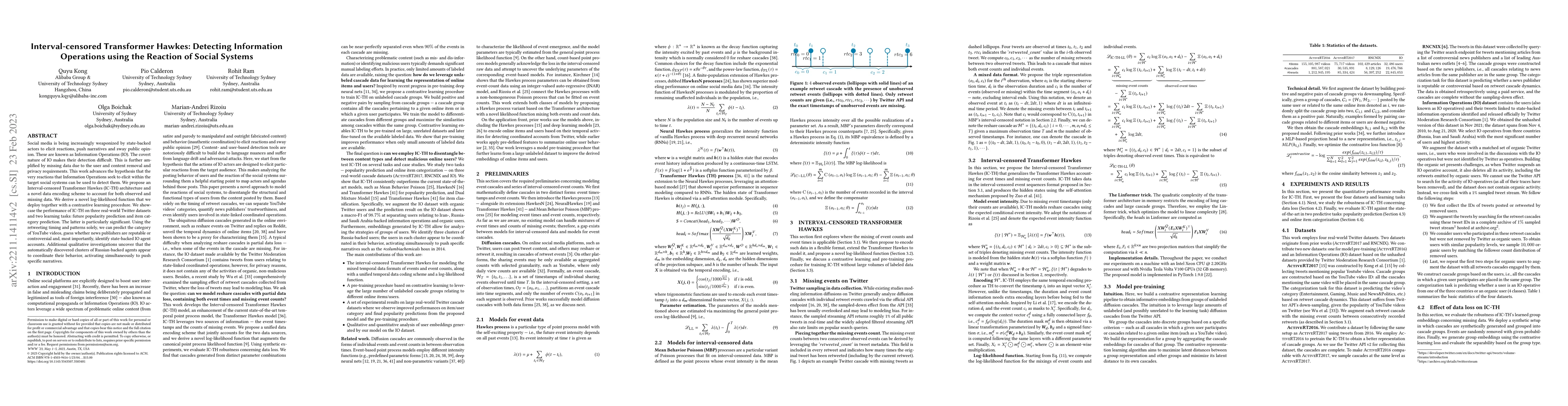Thumbnail for Interval-censored Transformer Hawkes: Detecting Information Operations
  using the Reaction of Social Systems