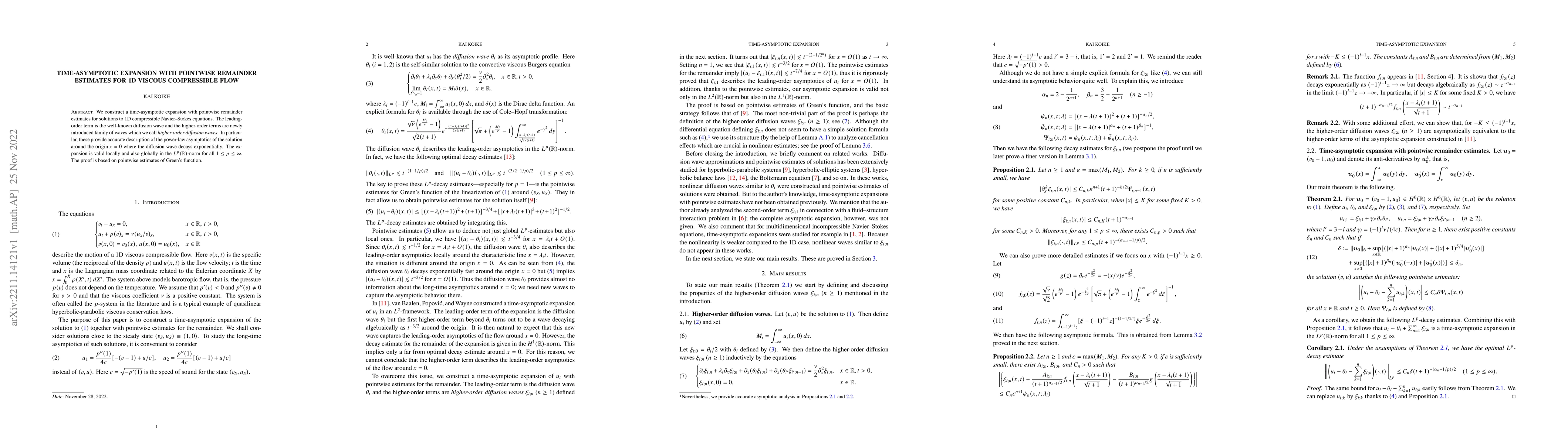 Thumbnail for Time-asymptotic expansion with pointwise remainder estimates for 1D
  viscous compressible flow