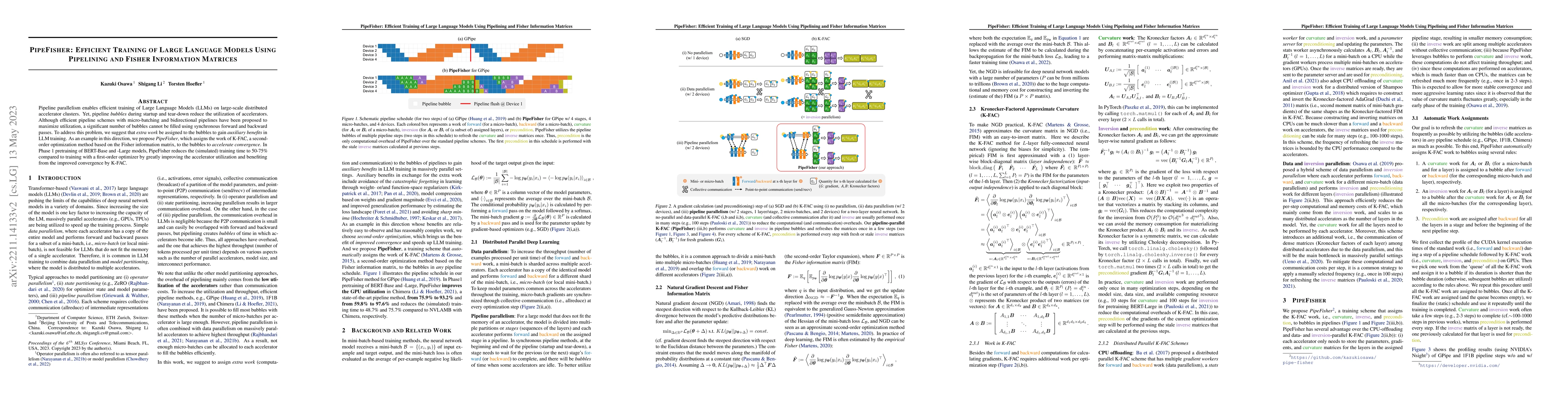 Thumbnail for PipeFisher: Efficient Training of Large Language Models Using Pipelining
  and Fisher Information Matrices