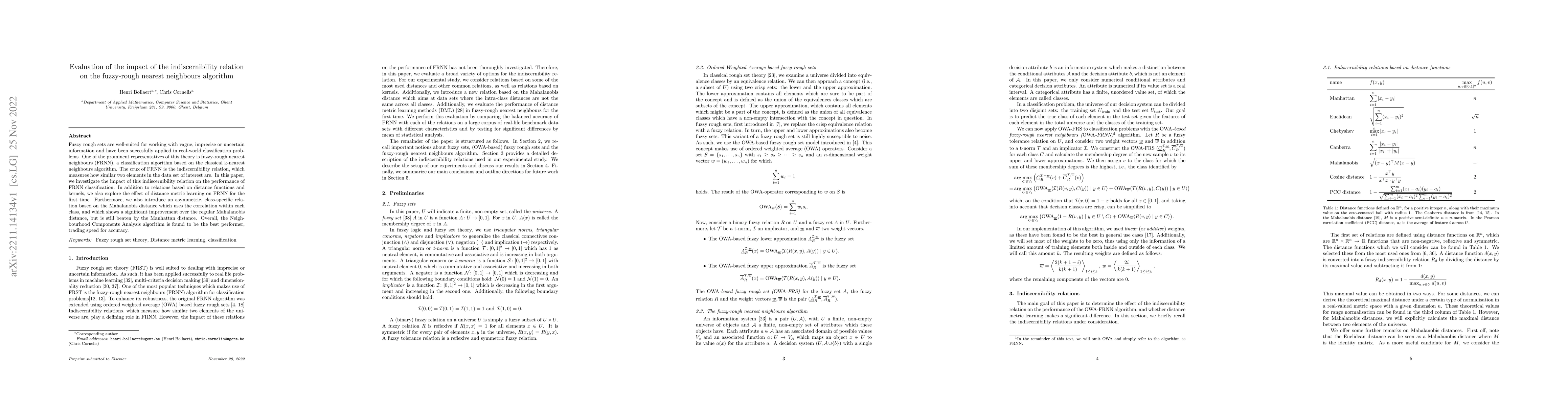 Thumbnail for Evaluation of the impact of the indiscernibility relation on the
  fuzzy-rough nearest neighbours algorithm
